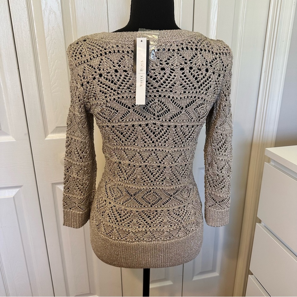 White House Black Market Open Knit Crochet Sweater Top XS Metallic Pearl Taupe - Picture 2 of 10